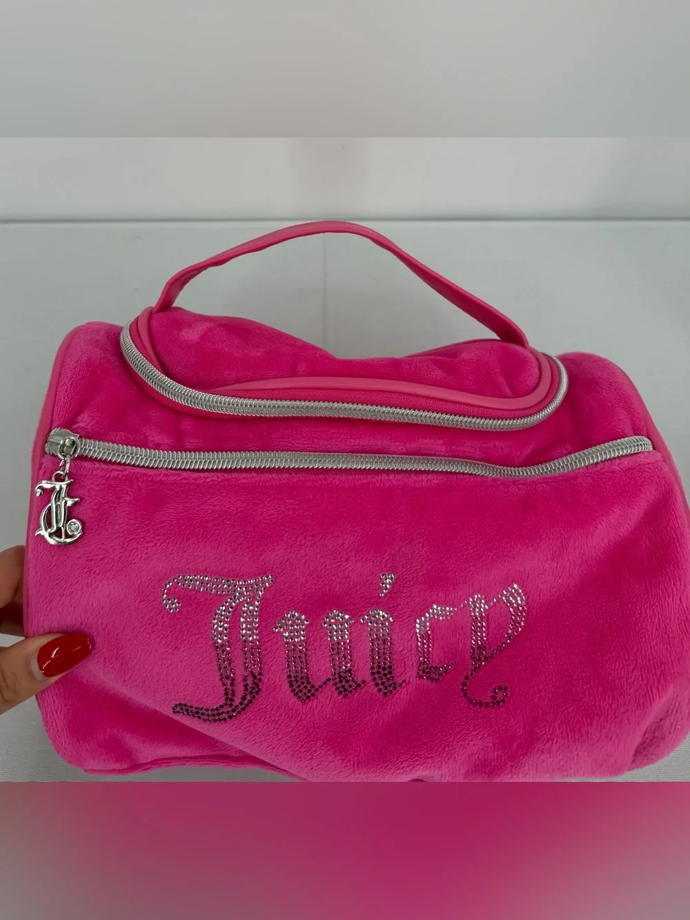Juicy Couture Pink Velour Rhinestone makeup bag Train Case Y2K 2000s Mcbling